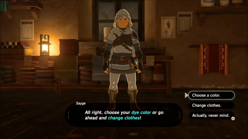 Link in the dye shop as Sayge offers to choose a dye color Link in the dye shop as Sayge offers to choose a dye color