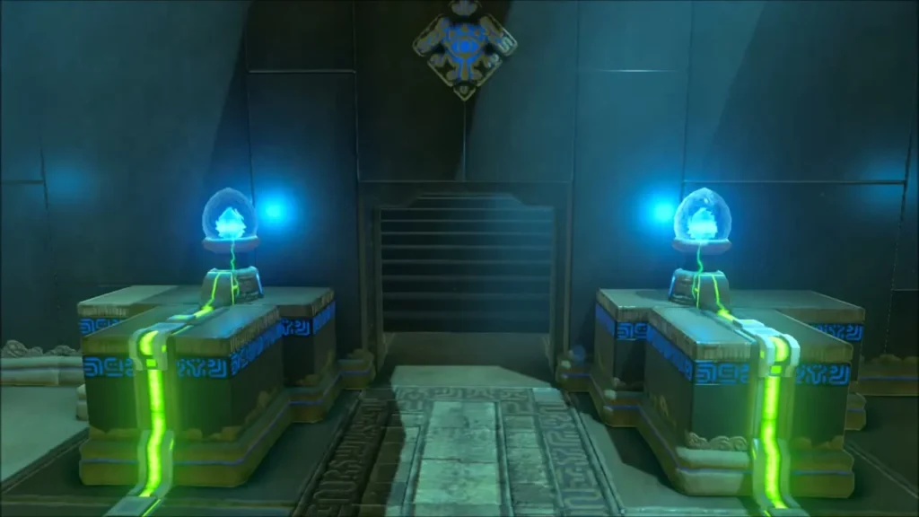 Two electric ball pedestals glowing in front of a barred door Two electric ball pedestals glowing in front of a barred door