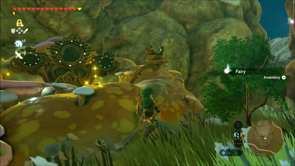 Link catching a fairy near the Great Fairy Fountain mushrooms Link catching a fairy near the Great Fairy Fountain mushrooms