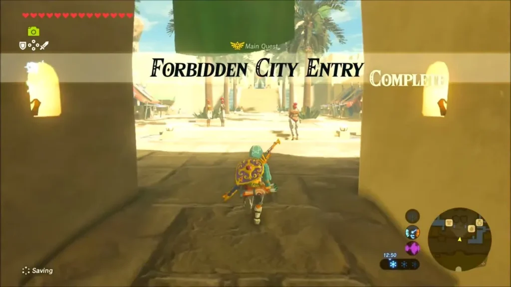 Forbidden City Entry quest complete banner as Link enters the town gate Forbidden City Entry quest complete banner as Link enters the town gate