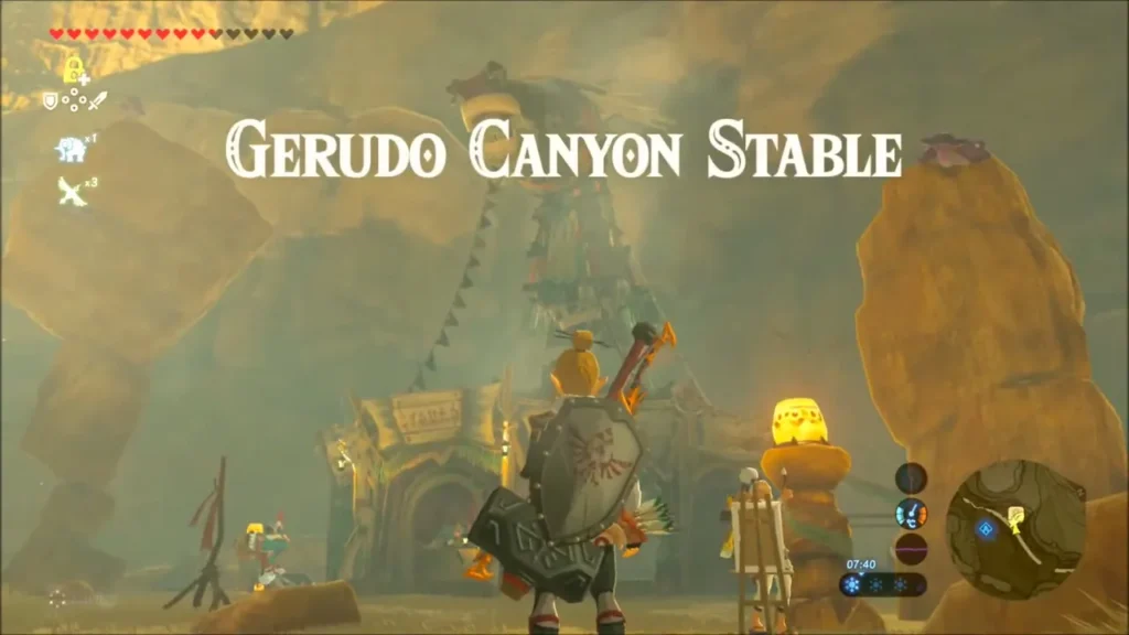 Link at Gerudo Canyon Stable with its name on screen Link at Gerudo Canyon Stable with its name on screen