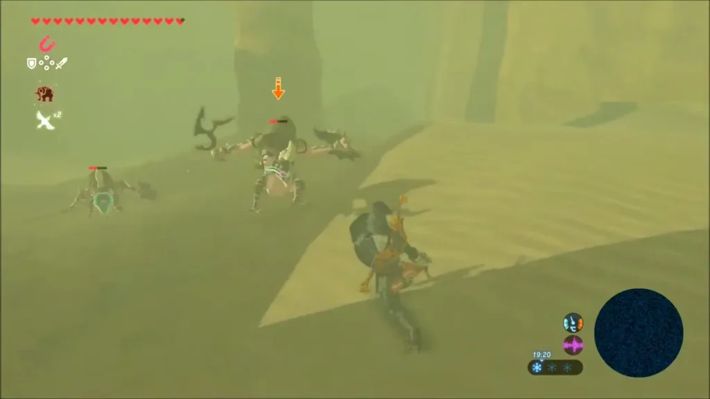 Link facing a Lizalfos in the dark Gerudo Desert sandstorm Link facing a Lizalfos in the dark Gerudo Desert sandstorm