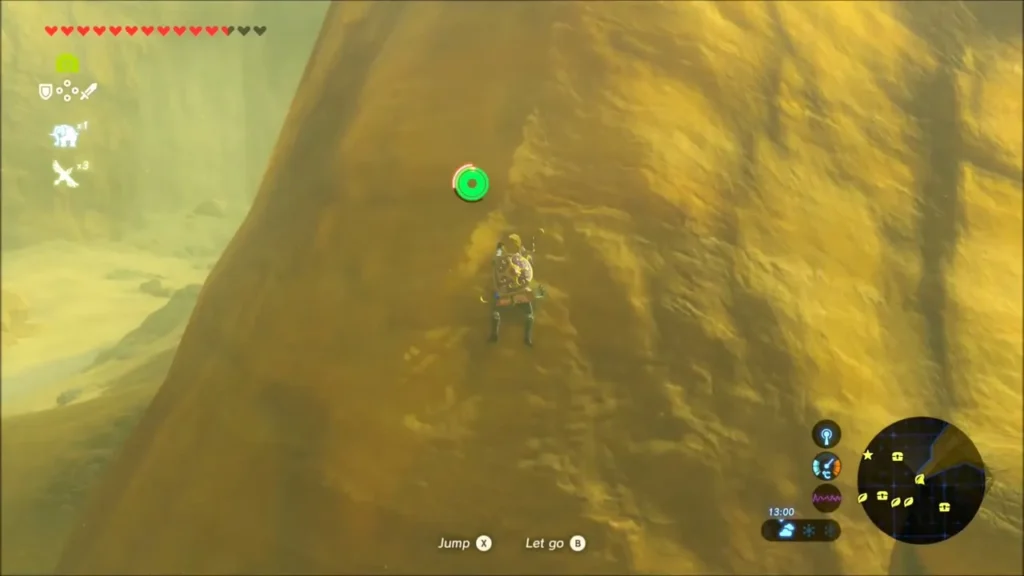 Link climbing the steep rock slope above the grass toward a ledge Link climbing the steep rock slope above the grass toward a ledge