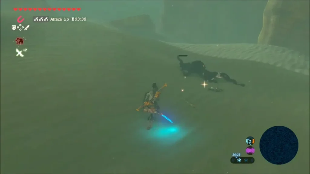 Link with glowing weapon beside a defeated monster in the dunes Link with glowing weapon beside a defeated monster in the dunes