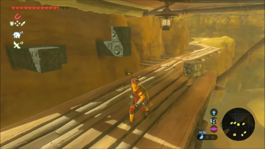 Link walking the wooden scaffold walkway past stacked metal blocks Link walking the wooden scaffold walkway past stacked metal blocks