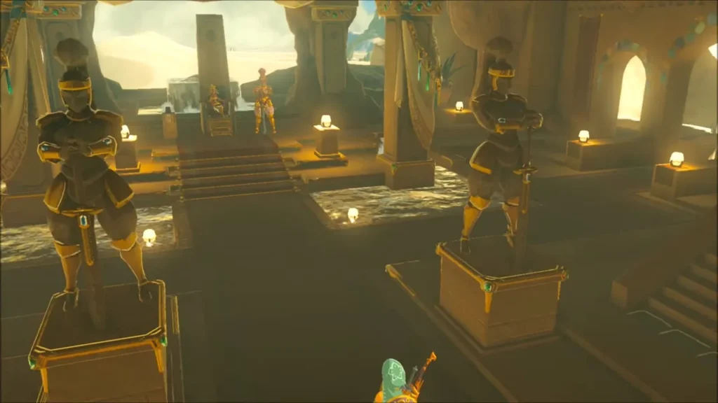 Gerudo throne room with guard statues and Riju on her throne Gerudo throne room with guard statues and Riju on her throne