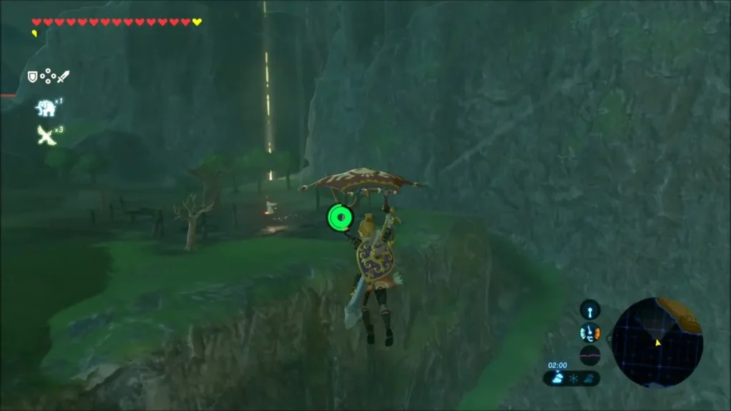 Link gliding down past a grassy canyon ledge Link gliding down past a grassy canyon ledge
