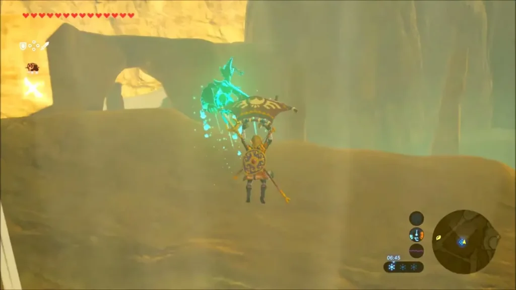 Link gliding across the canyon between sandstone pillars Link gliding across the canyon between sandstone pillars