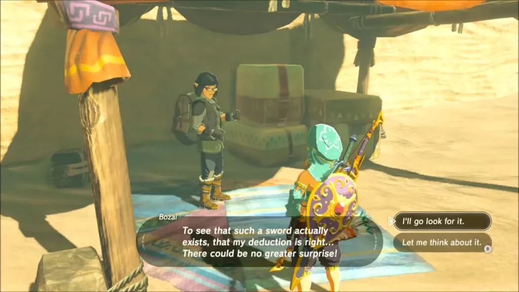 Bozai asking Link to find the sword, with the option to go look for it Bozai asking Link to find the sword, with the option to go look for it