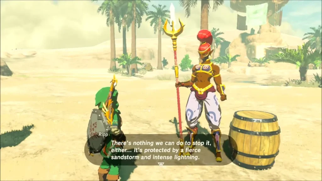 Gerudo guard by a barrel warning Link about the sandstorm and lightning Gerudo guard by a barrel warning Link about the sandstorm and lightning