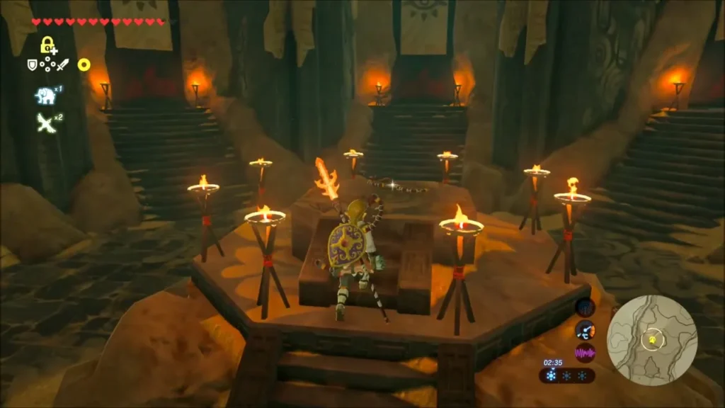 Link on the raised dais in the round hall, ringed by torches and stairs Link on the raised dais in the round hall, ringed by torches and stairs