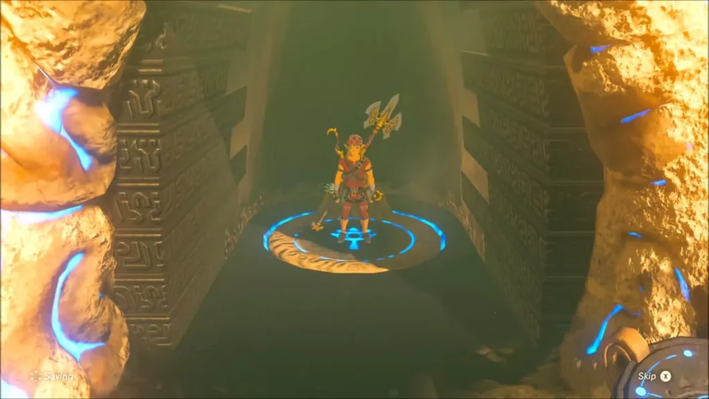 Link standing on the glowing pad inside the entrance of Jee Noh Shrine Link standing on the glowing pad inside the entrance of Jee Noh Shrine