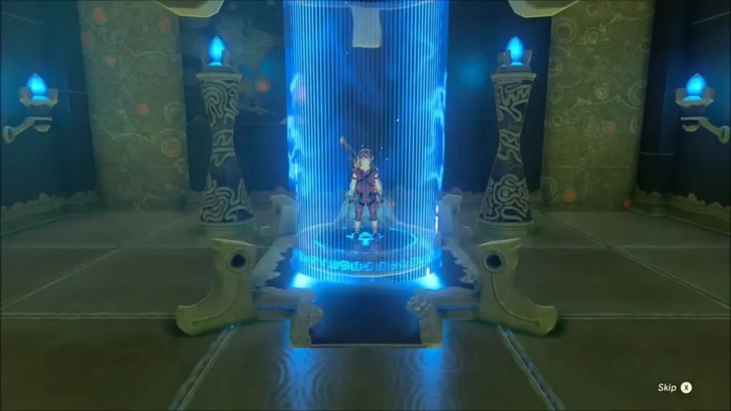 Link standing on the warp pad inside Kay Noh Shrine Link standing on the warp pad inside Kay Noh Shrine