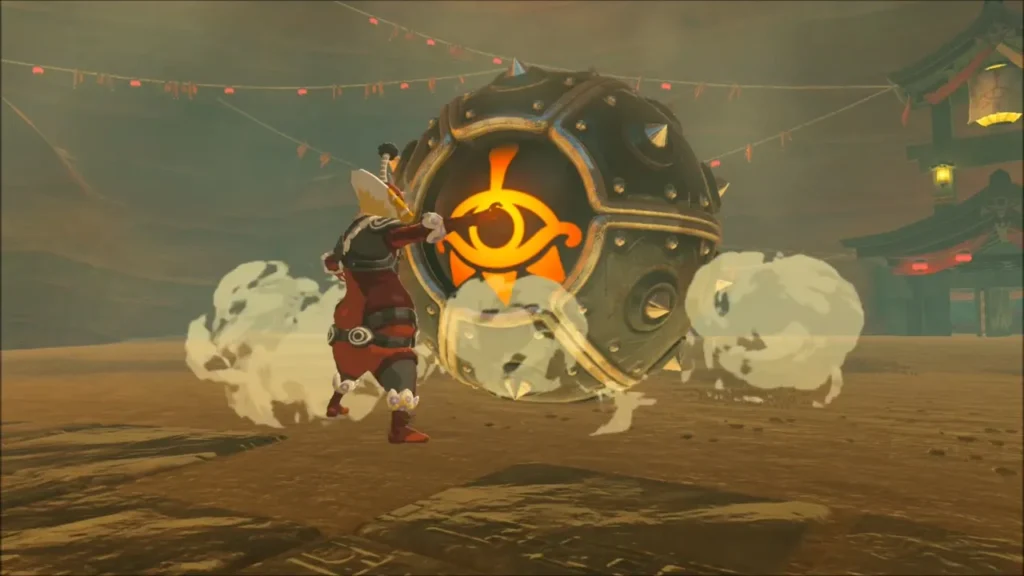 Master Kohga beside his huge spiked Sheikah sphere Master Kohga beside his huge spiked Sheikah sphere