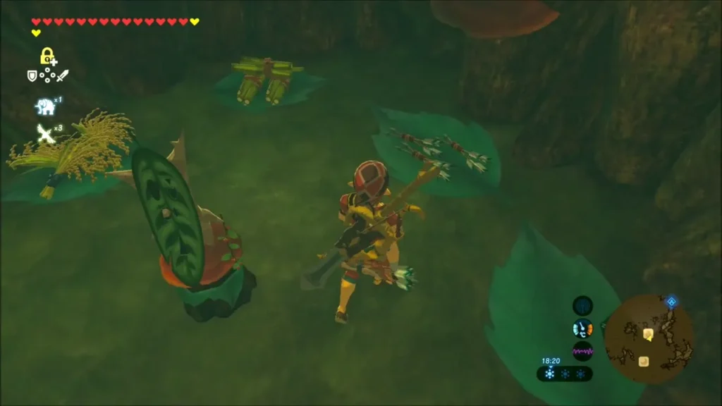 Link beside bundles of arrows laid out on leaves at a Korok shop Link beside bundles of arrows laid out on leaves at a Korok shop
