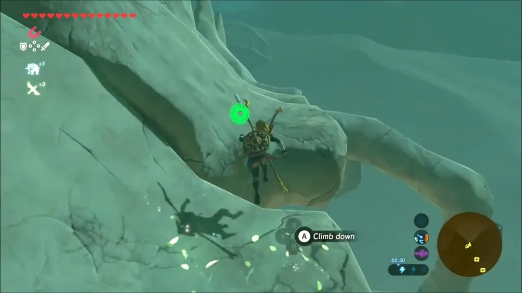 Link climbing the curved bones of a giant skeleton in the Gerudo desert Link climbing the curved bones of a giant skeleton in the Gerudo desert
