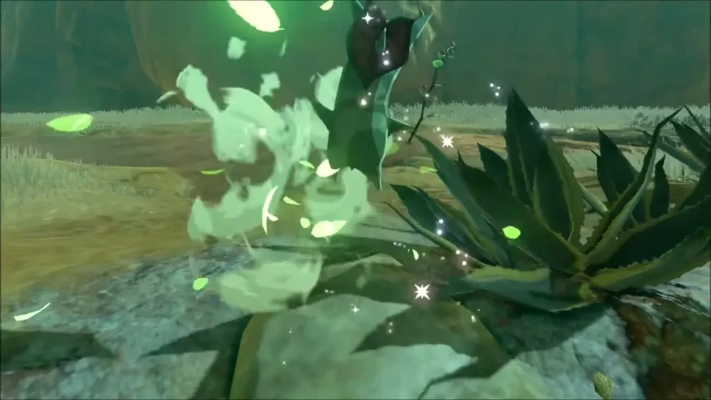 A Korok flower bursting open in green leaves beside the boulder spot A Korok flower bursting open in green leaves beside the boulder spot