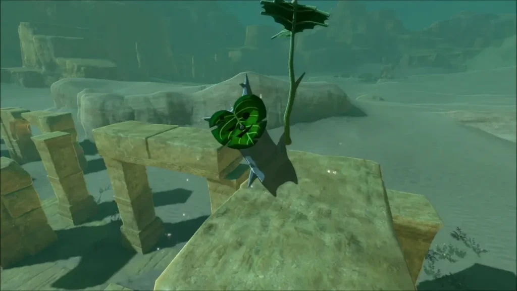 Korok with a leaf on a long stone lintel in the ruins Korok with a leaf on a long stone lintel in the ruins