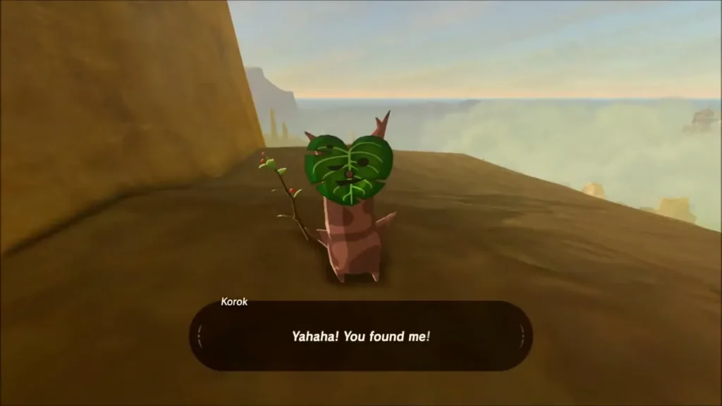 A Korok greeting Link on the canyon ledge A Korok greeting Link on the canyon ledge