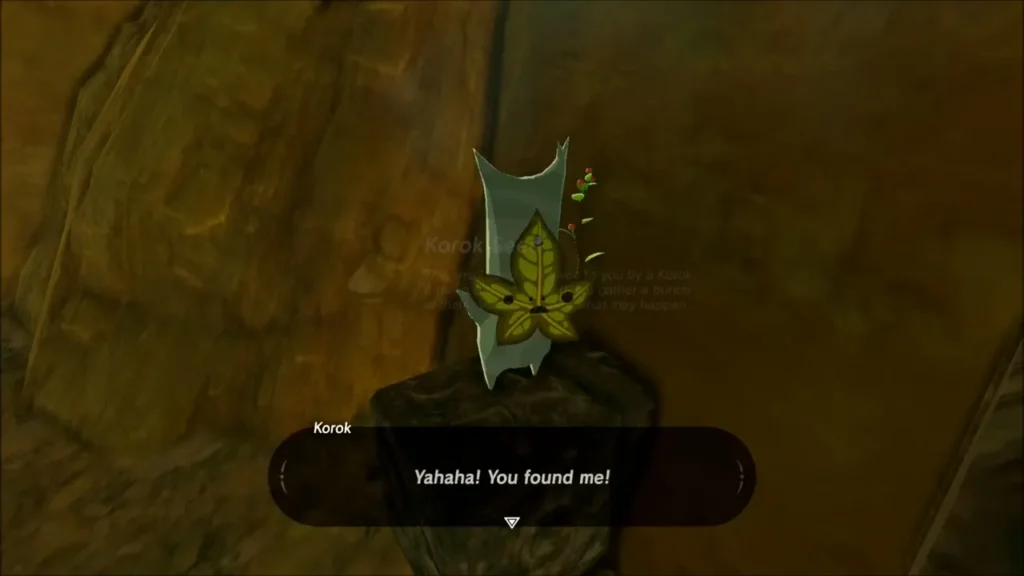 A Korok revealed behind the wall saying Yahaha, you found me A Korok revealed behind the wall saying Yahaha, you found me