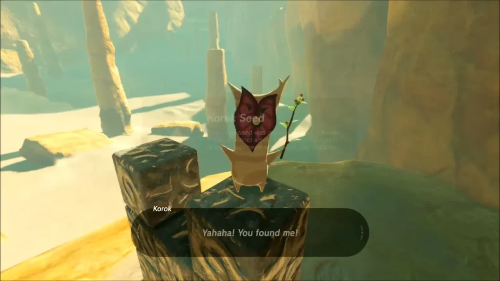 A Korok on top of the stone blocks saying Yahaha with the Korok Seed A Korok on top of the stone blocks saying Yahaha with the Korok Seed