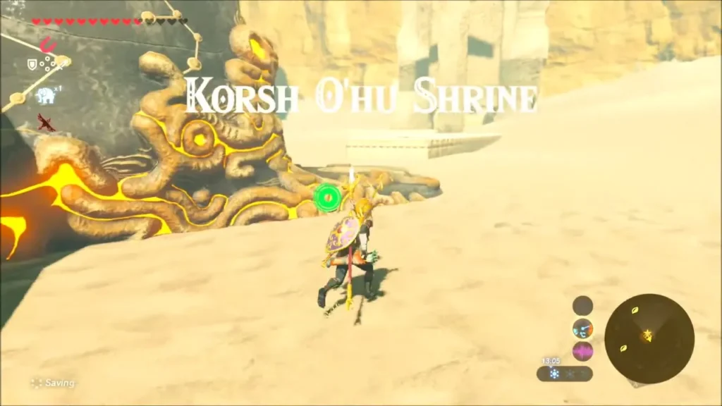 Link beside the glowing shrine as the Korsh O'hu Shrine title appears Link beside the glowing shrine as the Korsh O'hu Shrine title appears