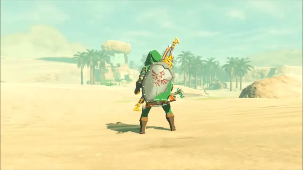 Link walking across the desert sand toward distant palm trees Link walking across the desert sand toward distant palm trees