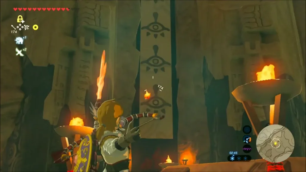 Link aiming a flaming arrow at a Sheikah eye banner Link aiming a flaming arrow at a Sheikah eye banner