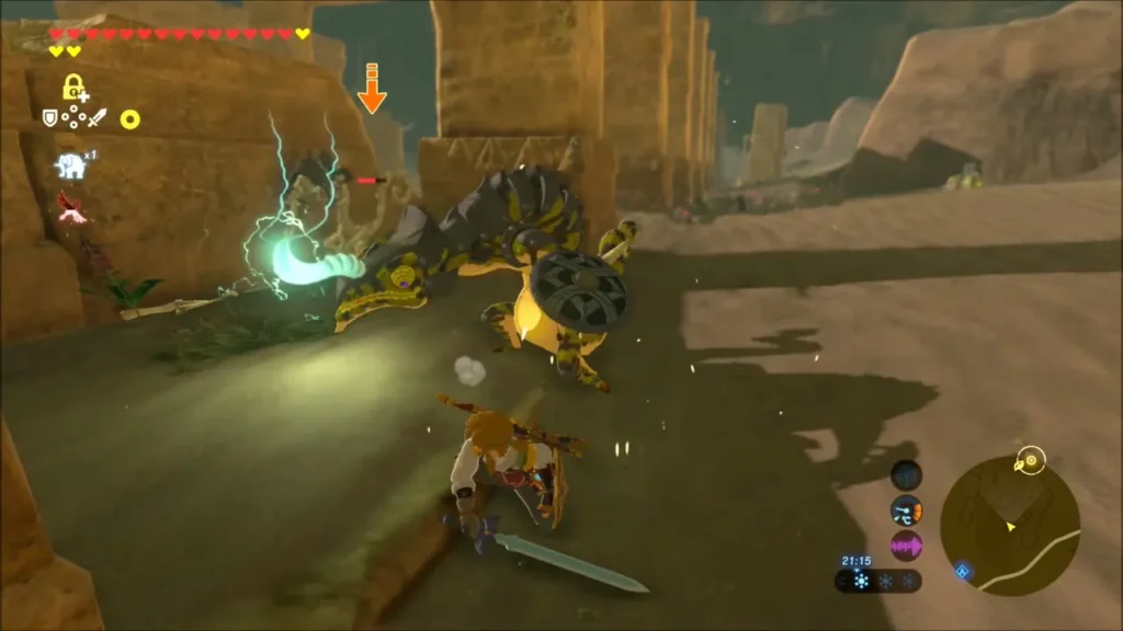 Link fighting an electric Lizalfos among the stone arches Link fighting an electric Lizalfos among the stone arches