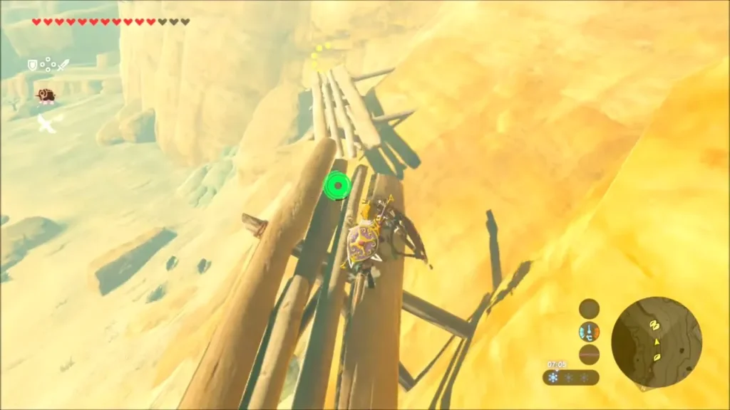 Link gliding onto a rickety log scaffold on the canyon wall Link gliding onto a rickety log scaffold on the canyon wall