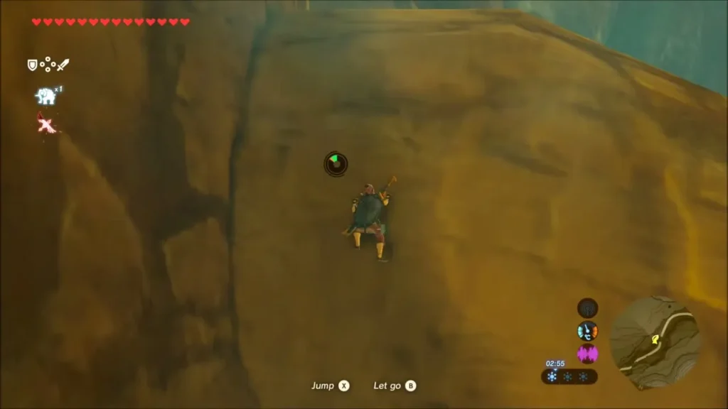 Link climbing a long vertical cliff face Link climbing a long vertical cliff face