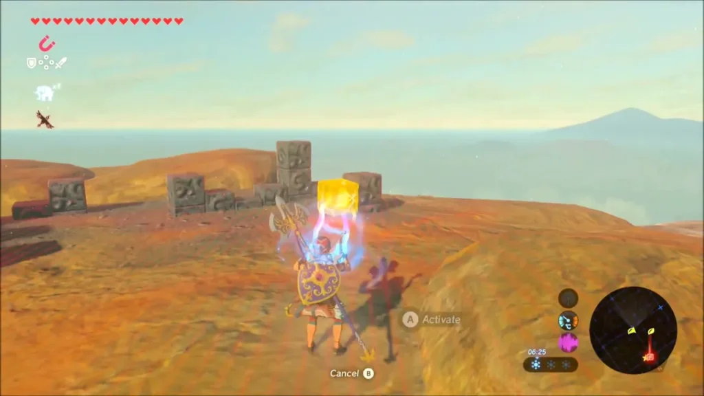 Link using Magnesis to lift a glowing stone block on the bluff Link using Magnesis to lift a glowing stone block on the bluff