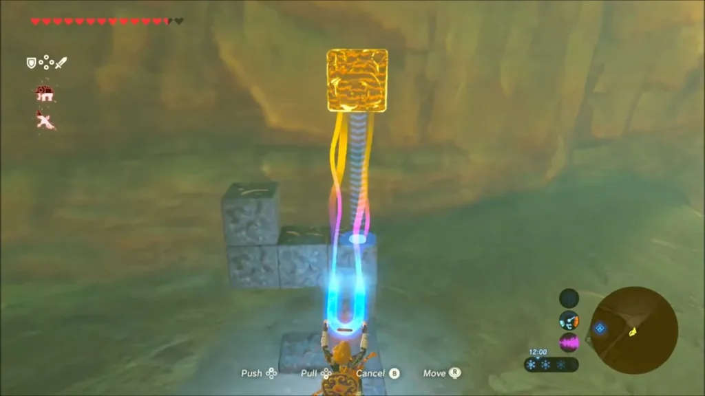 Link using Magnesis to lift a metal block above the stone stack Link using Magnesis to lift a metal block above the stone stack
