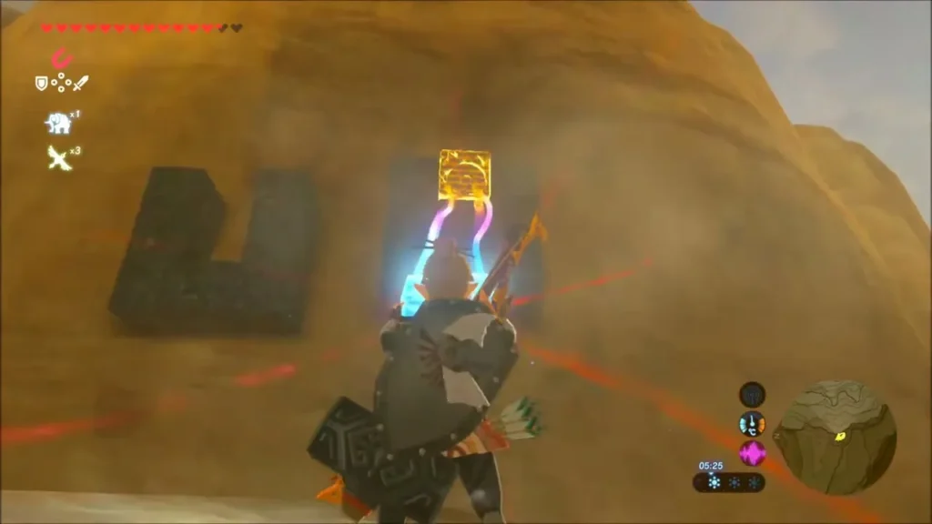 Link lifting a metal block with Magnesis beside notched stones Link lifting a metal block with Magnesis beside notched stones