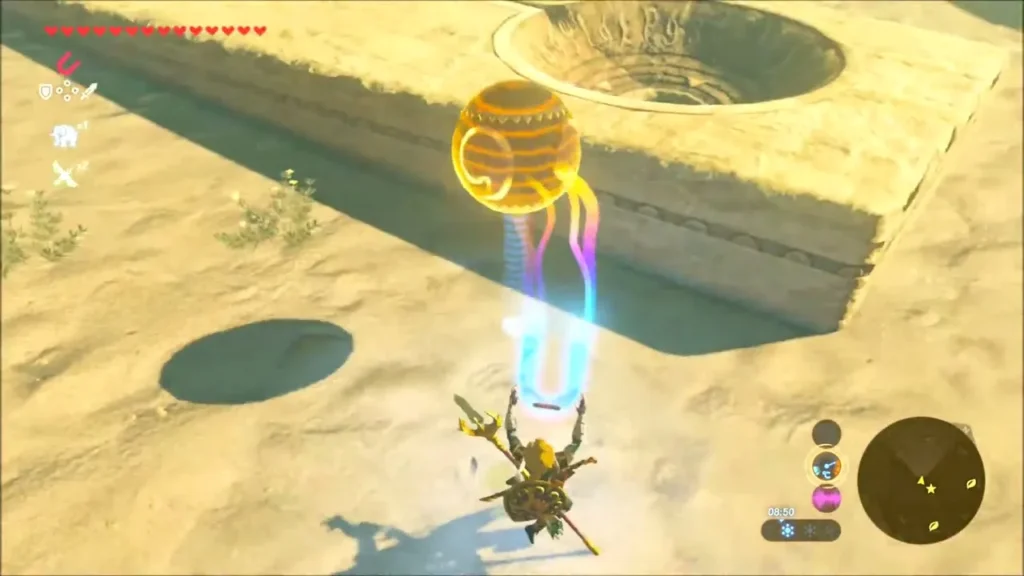 Link carrying a golden orb with Magnesis next to a stone slab socket Link carrying a golden orb with Magnesis next to a stone slab socket