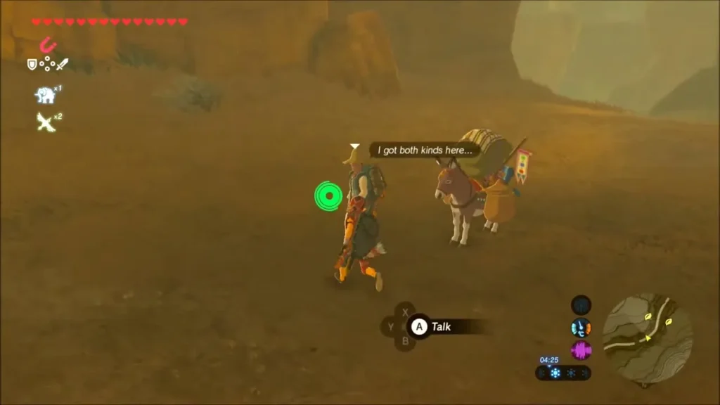 Link walking up to the merchant Maypin's pack donkey in the desert Link walking up to the merchant Maypin's pack donkey in the desert