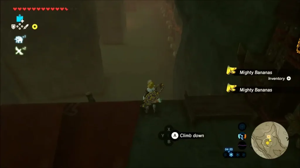 Link collecting Mighty Bananas on a ledge in the hideout Link collecting Mighty Bananas on a ledge in the hideout