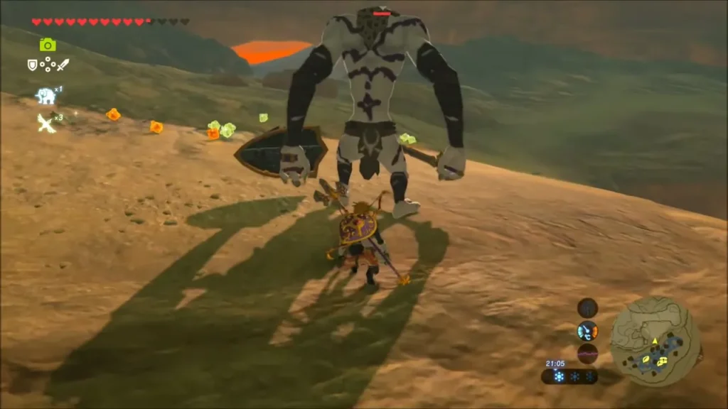 Link facing a large Moblin with a shield in the dunes Link facing a large Moblin with a shield in the dunes