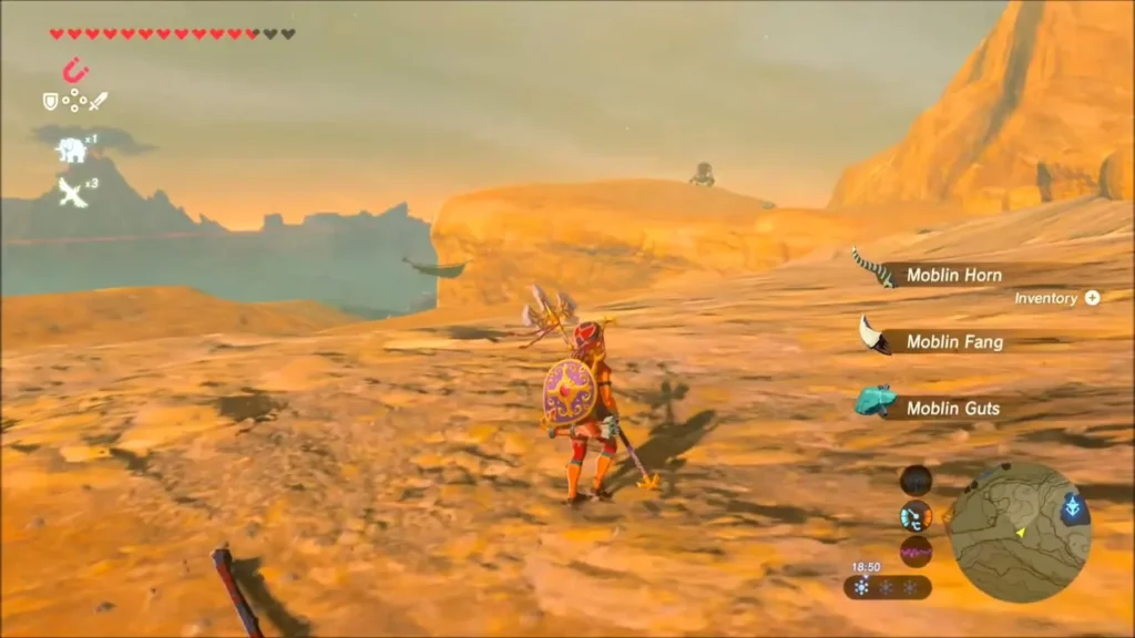 Link collecting Moblin Horn, Fang and Guts after a fight Link collecting Moblin Horn, Fang and Guts after a fight