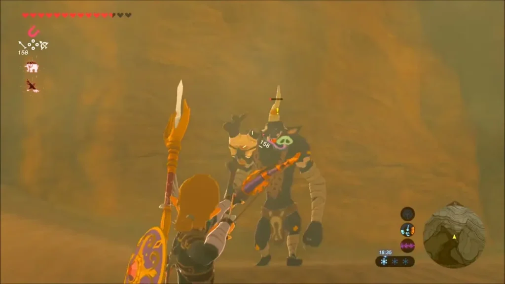 Link holding up a spear facing a Moblin in the gully Link holding up a spear facing a Moblin in the gully