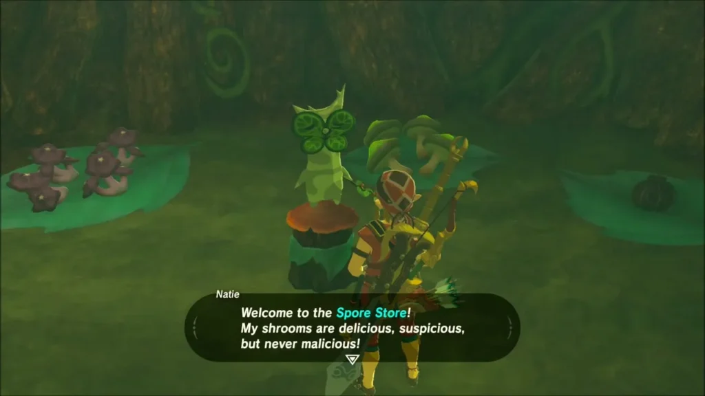 Natie the Korok merchant greeting Link at the Spore Store Natie the Korok merchant greeting Link at the Spore Store