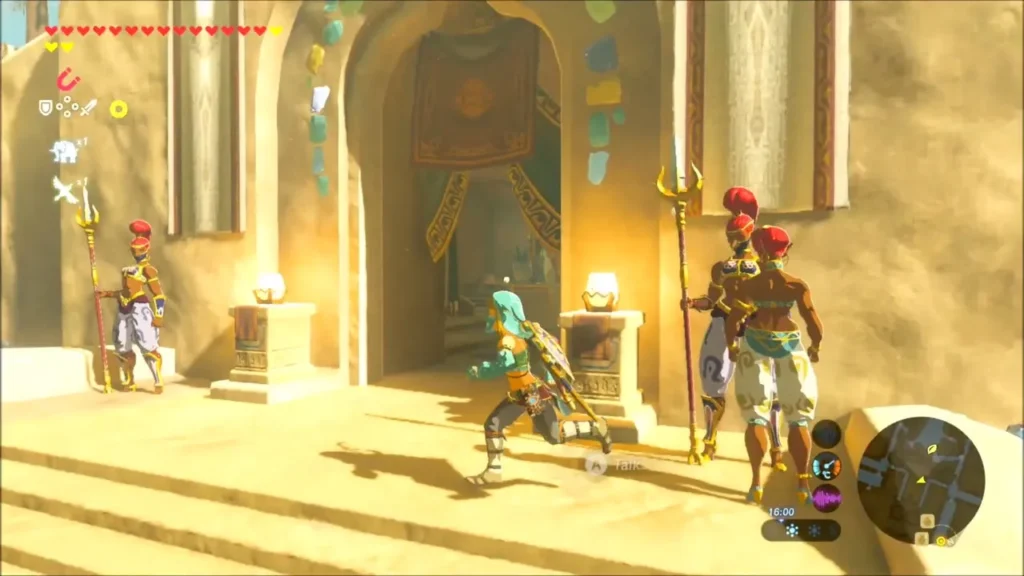 Link approaching the Gerudo palace entrance past two guards Link approaching the Gerudo palace entrance past two guards