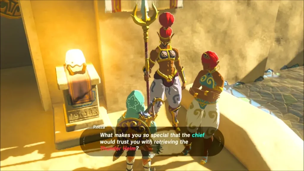 Guard Reeza asking Link why the chief would trust him with the Thunder Helm Guard Reeza asking Link why the chief would trust him with the Thunder Helm
