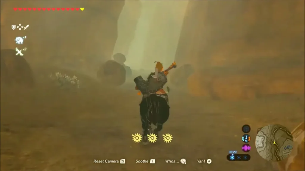 Link riding a horse north along the dusty canyon road Link riding a horse north along the dusty canyon road