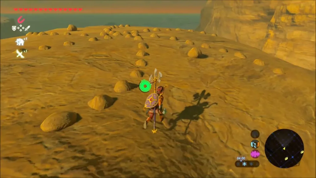 Link on a sandy slope scattered with small rocks arranged in a ring Link on a sandy slope scattered with small rocks arranged in a ring