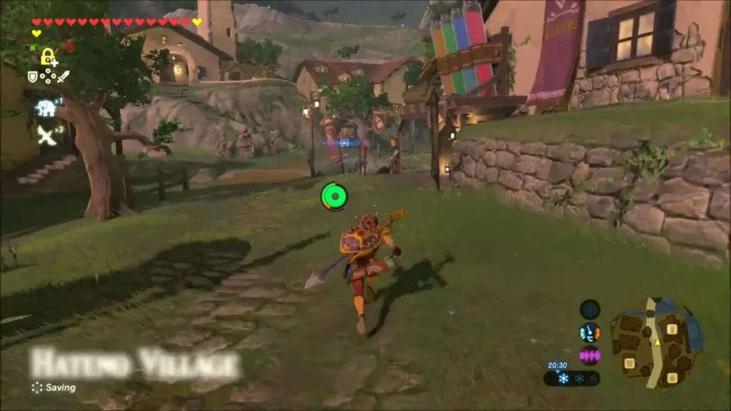 Link running along a path into Hateno Village at dusk Link running along a path into Hateno Village at dusk