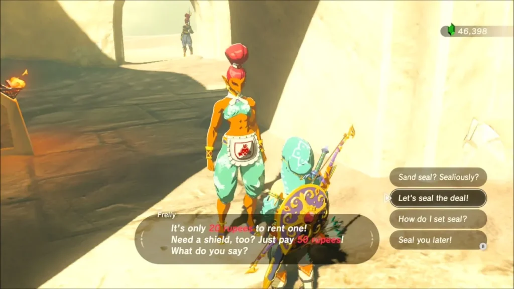 A Gerudo stall keeper offering a sand seal rental to Link A Gerudo stall keeper offering a sand seal rental to Link