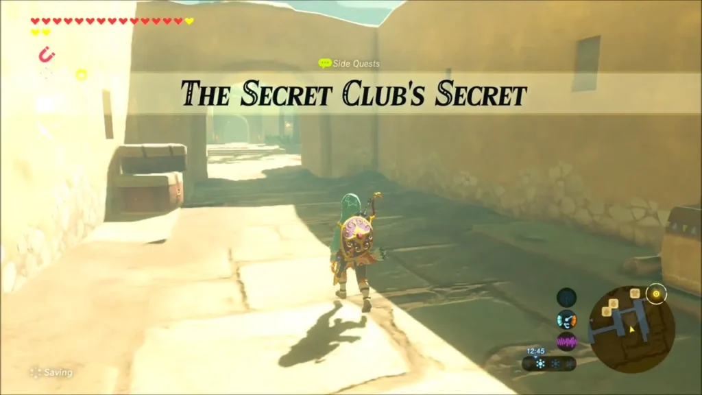 The Secret Club's Secret quest banner in a quiet Gerudo Town street The Secret Club's Secret quest banner in a quiet Gerudo Town street
