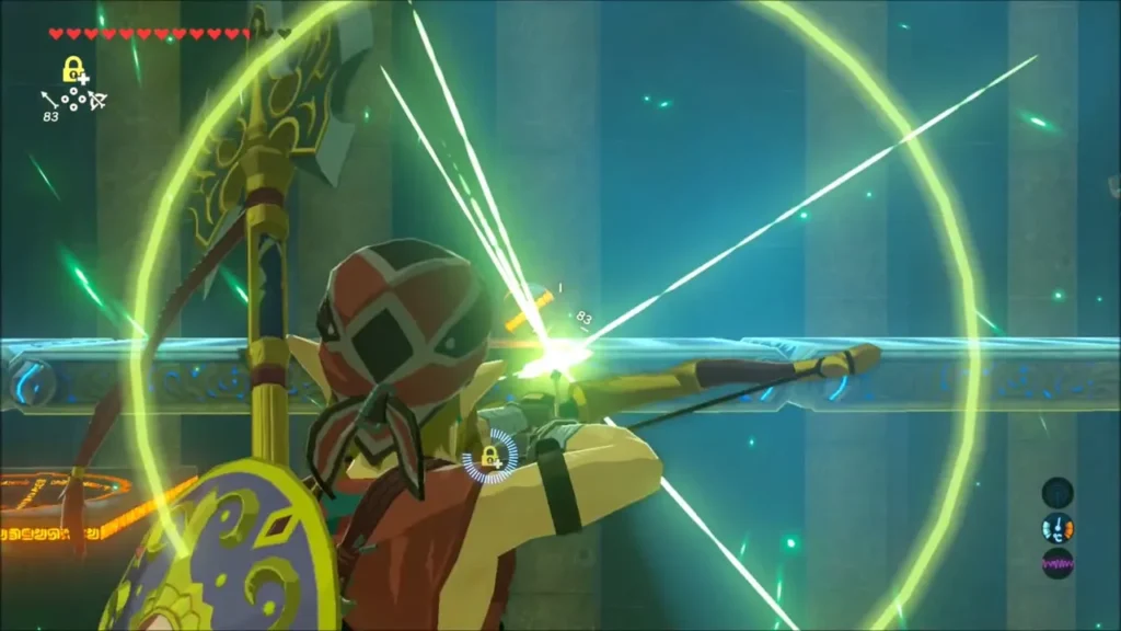 Link drawing a bow to shoot a ball on the belt so it drops into the socket Link drawing a bow to shoot a ball on the belt so it drops into the socket