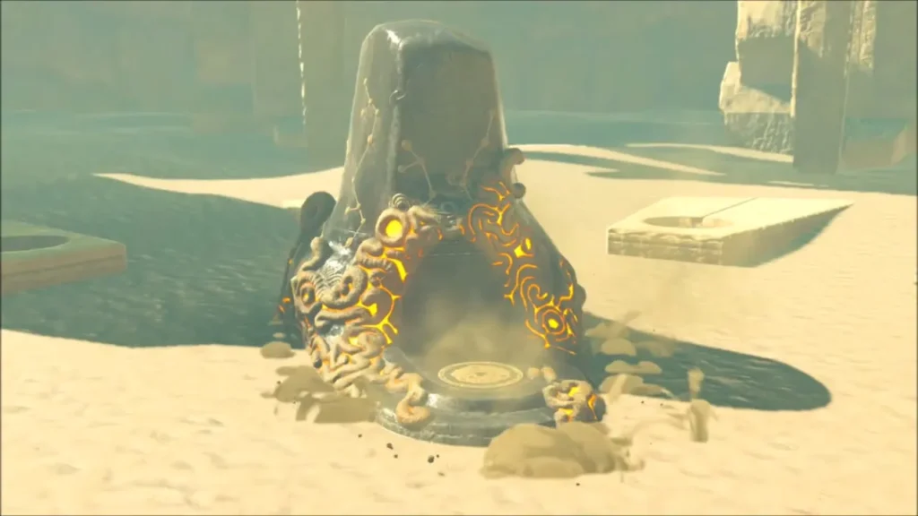 Korsh O'hu Shrine rising out of the sand with golden glowing patterns Korsh O'hu Shrine rising out of the sand with golden glowing patterns